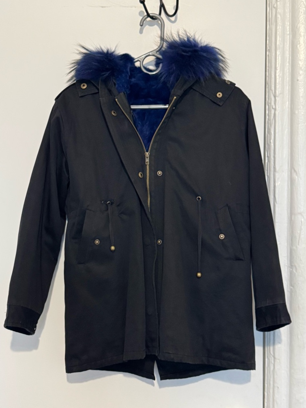 Black Hooded Jacket Blue Rex Rabbit Fur Lining Youth 170 (Fits Adult XS-S)